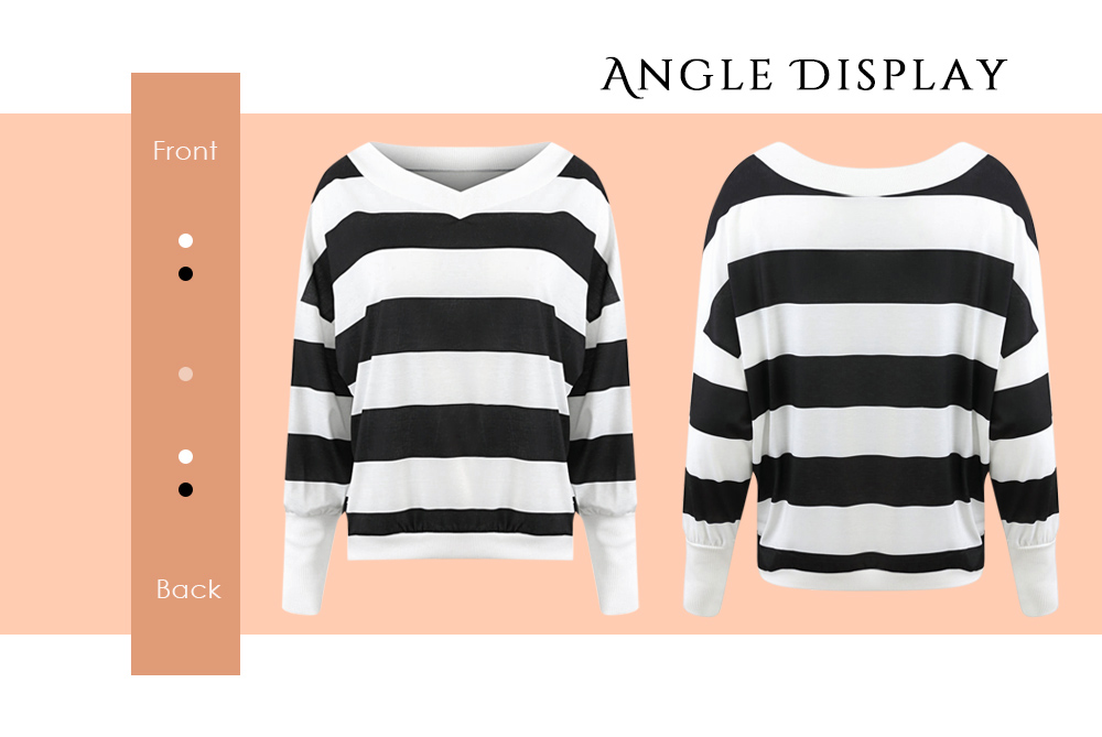 Long Sleeve Wide Armhole Tight Cuff V-neck Stripe Loose Woman T-shirt