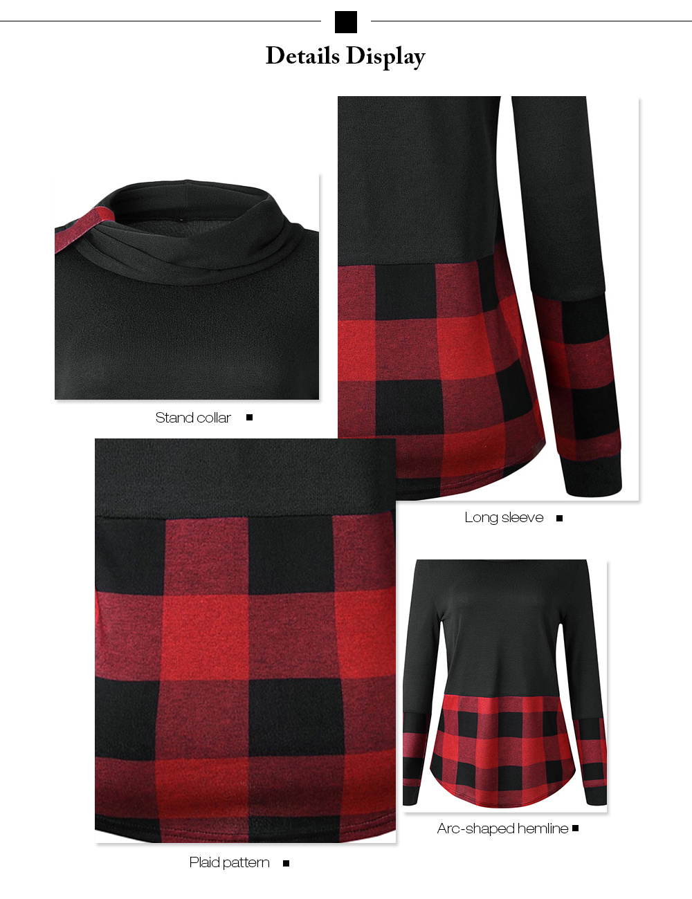 Stand Collar Long Sleeve Spliced Plaid Women Sweatshirt