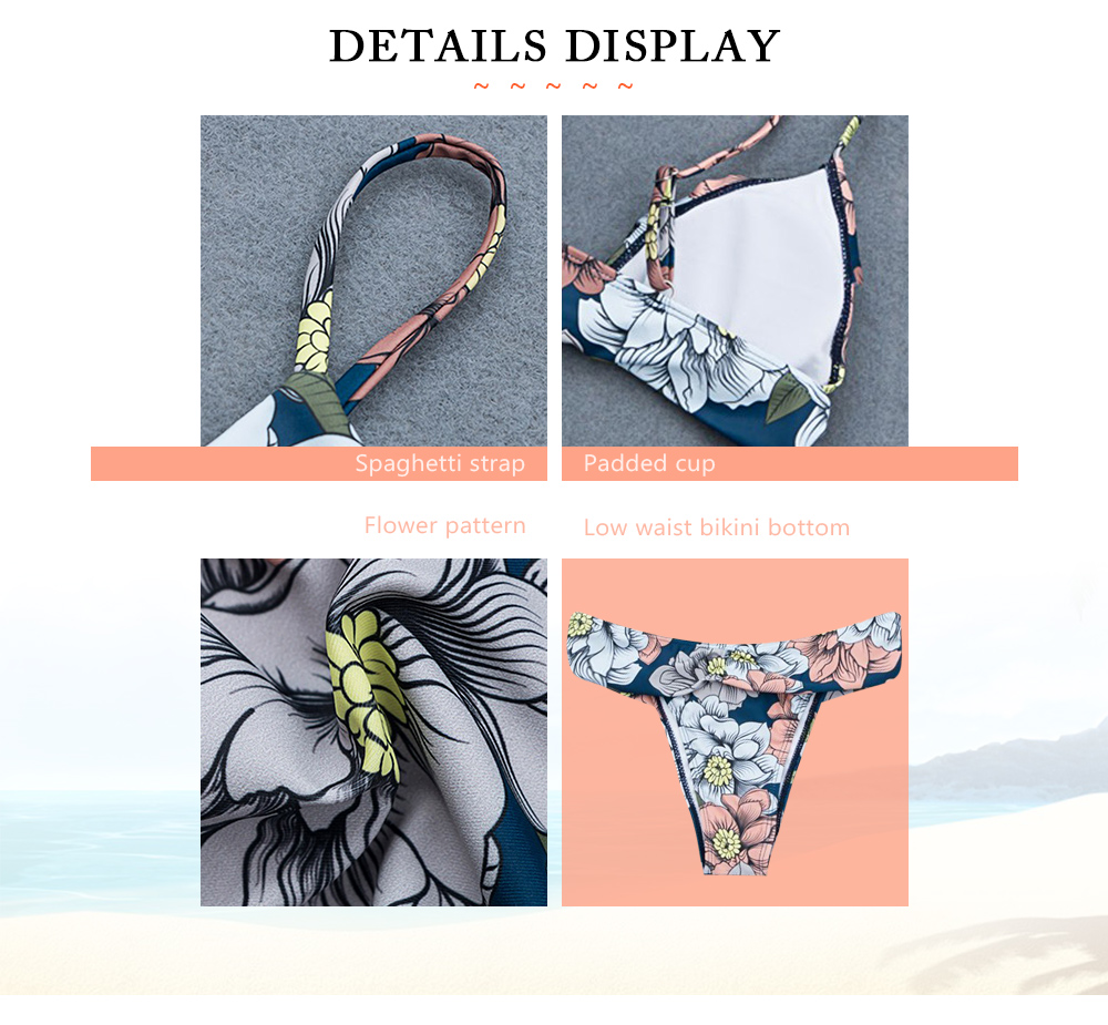 Flower Printed Spaghetti Strap Padded Low Waist Women Bikini Set