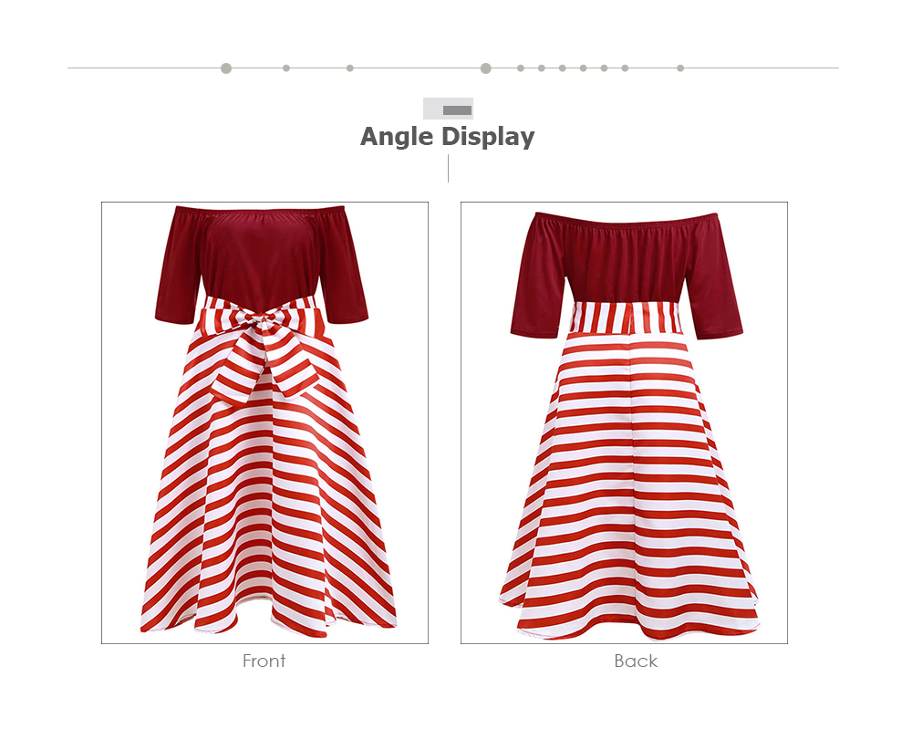 Off The Shoulder Half Sleeve Stripe Print Bowknot A-line Plus Size Women Dress