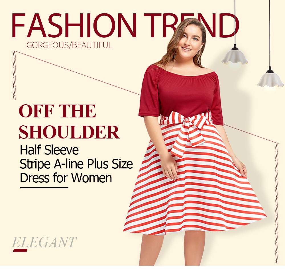 Off The Shoulder Half Sleeve Stripe Print Bowknot A-line Plus Size Women Dress