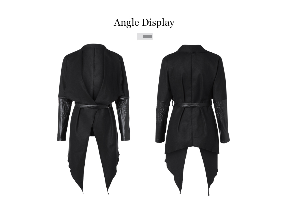 Long PU Leather Sleeves Patch Wide Lapel Irregular Cardigan Woolen Woman Coat