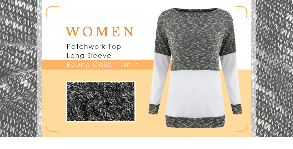 Women Patchwork Top T-shirt Long Sleeve Blouse Round Collar Shirt