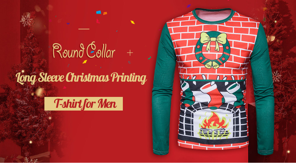 Men Round Collar Long Sleeve Christmas Printing T-shirt