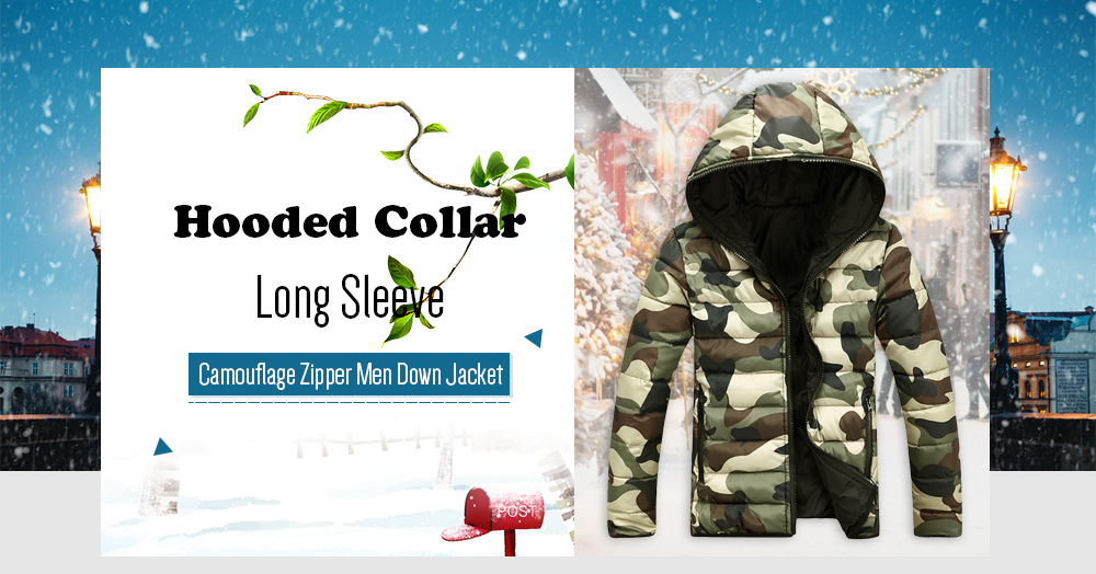 Hooded Collar Long Sleeve Camouflage Zipper Men Down Jacket