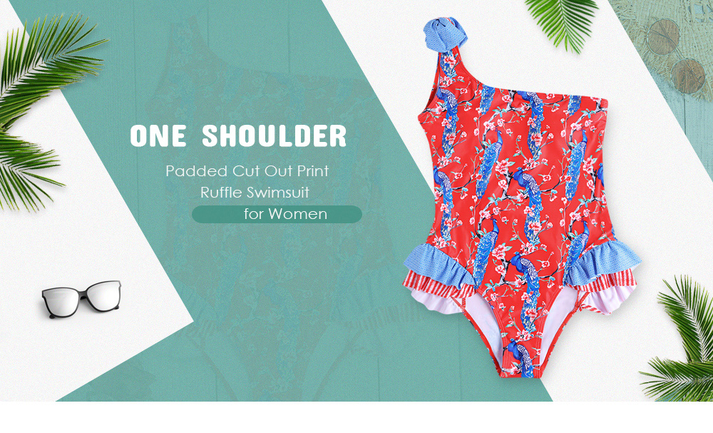 One Shoulder Padded Cut Out Print Ruffle Women Swimsuit