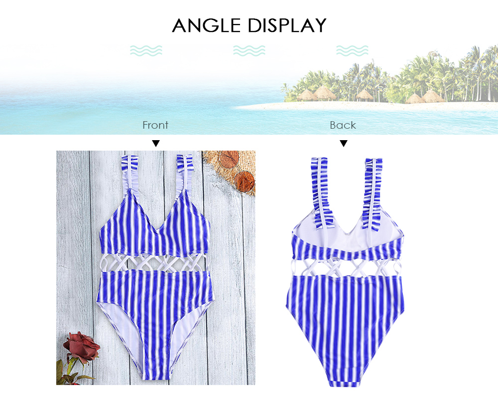 Spaghetti Strap Backless Padded Ruffle Print Women Swimsuit