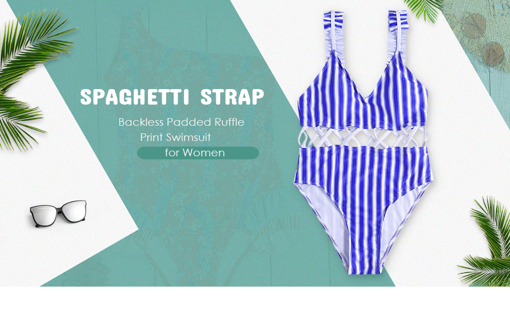 Spaghetti Strap Backless Padded Ruffle Print Women Swimsuit