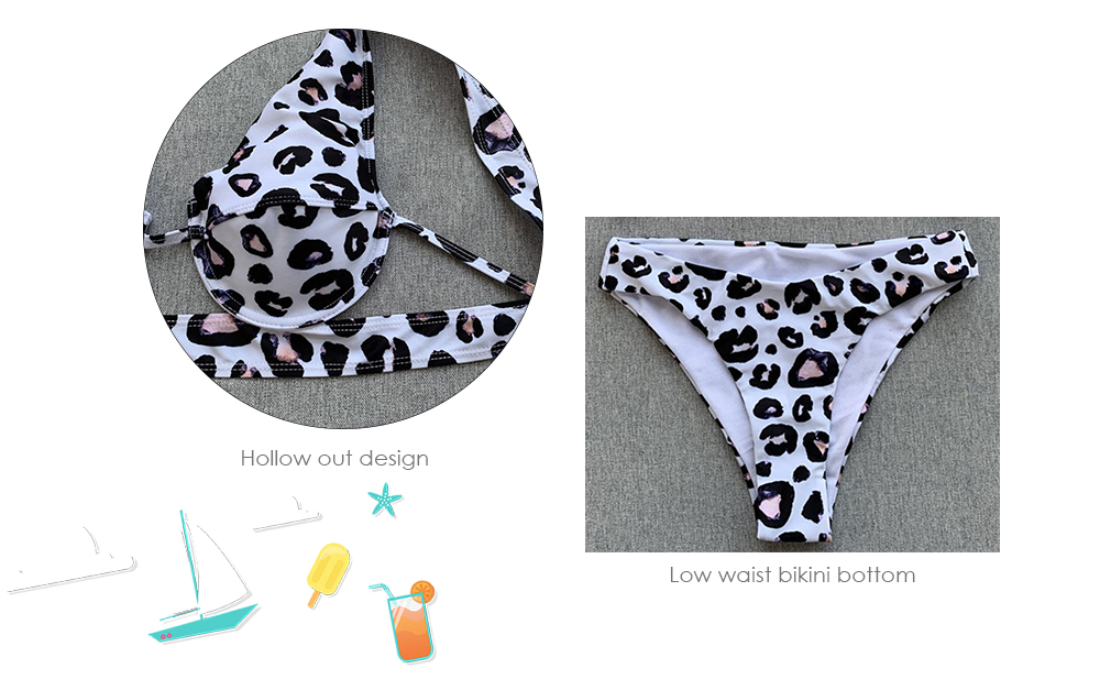 Women Animal Print Hollowed Underwire Bikini Set Swimsuit Swimwear