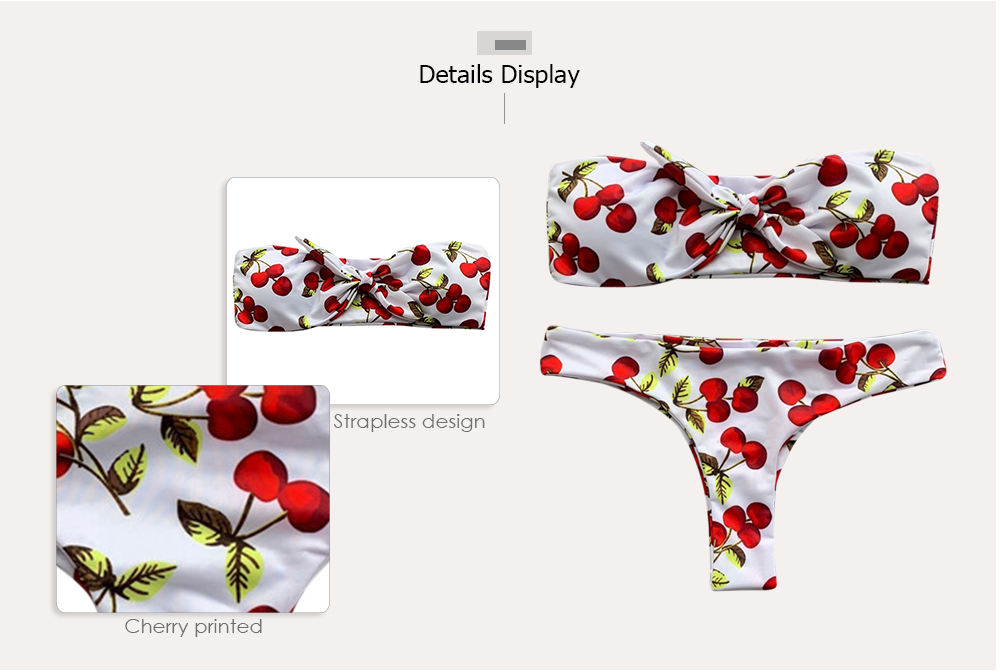 Women Cherry Printed Knot Design Bikini Set Swimsuit Swimwear