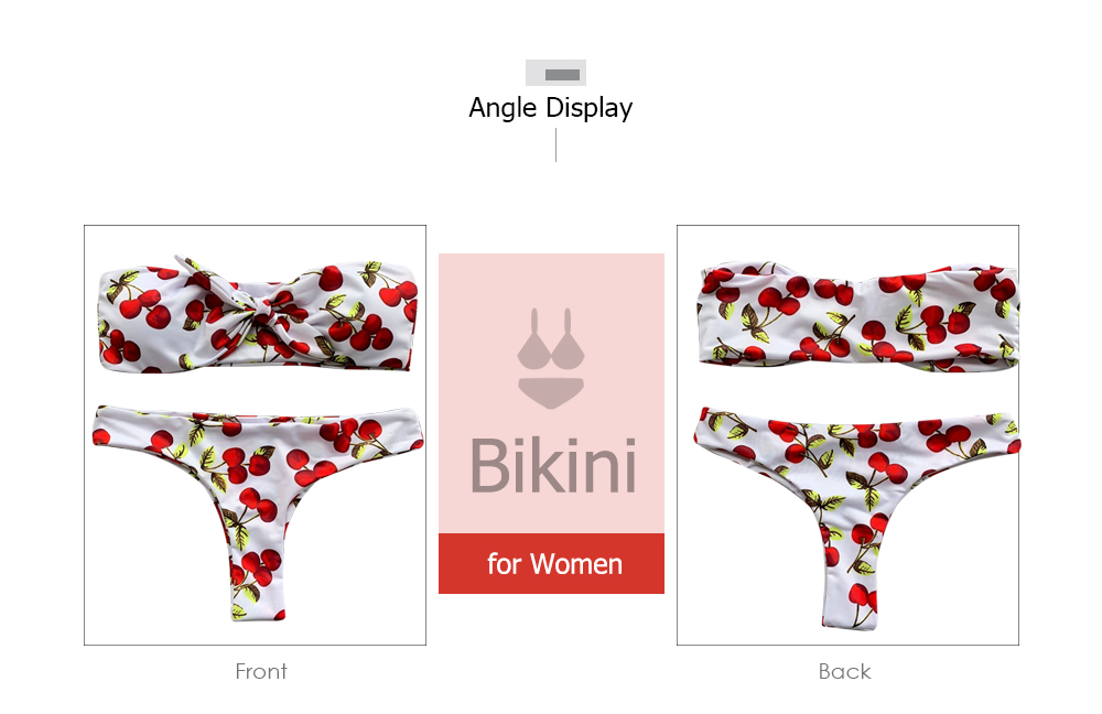 Women Cherry Printed Knot Design Bikini Set Swimsuit Swimwear