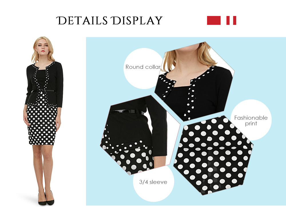 Round Collar 3/4 Sleeve Spliced Print Belted Fake Two Piece Women Pencil Dress