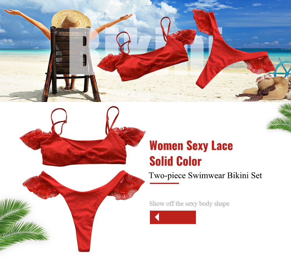 Women Sexy Lace Solid Color Two-piece Swimwear Bikini Set