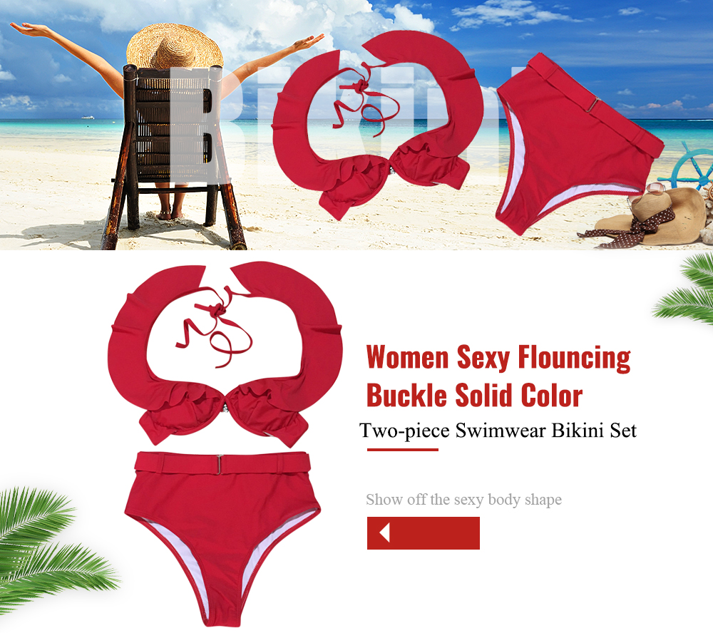 Women Sexy Flouncing Solid High Waist Two-piece Swimwear Bikini Set