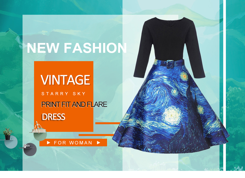 Vintage Starry Sky Print Fit and Flare Dress