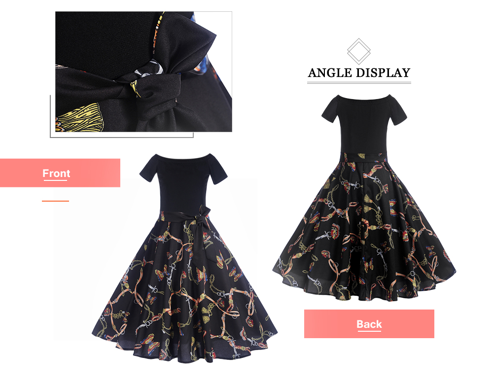 Off The Shoulder Short Sleeve Print Belted A-line Women Vintage Dress