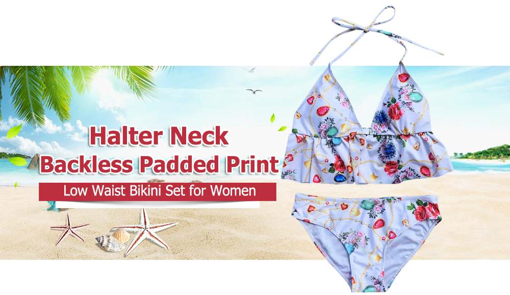 Halter Neck Backless Padded Print Ruffle Low Waist Women Bikini Set