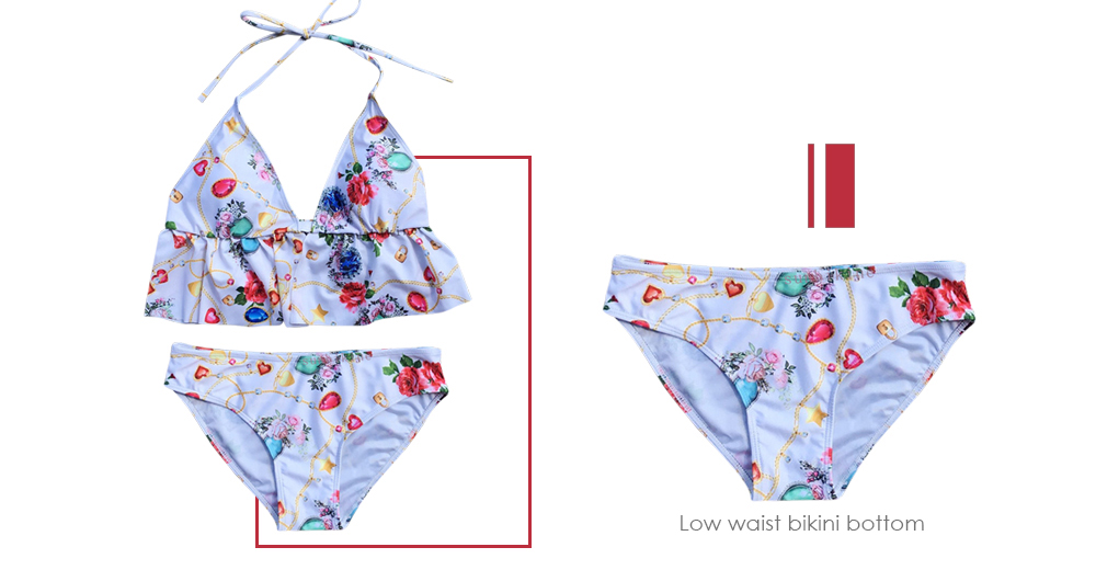 Halter Neck Backless Padded Print Ruffle Low Waist Women Bikini Set