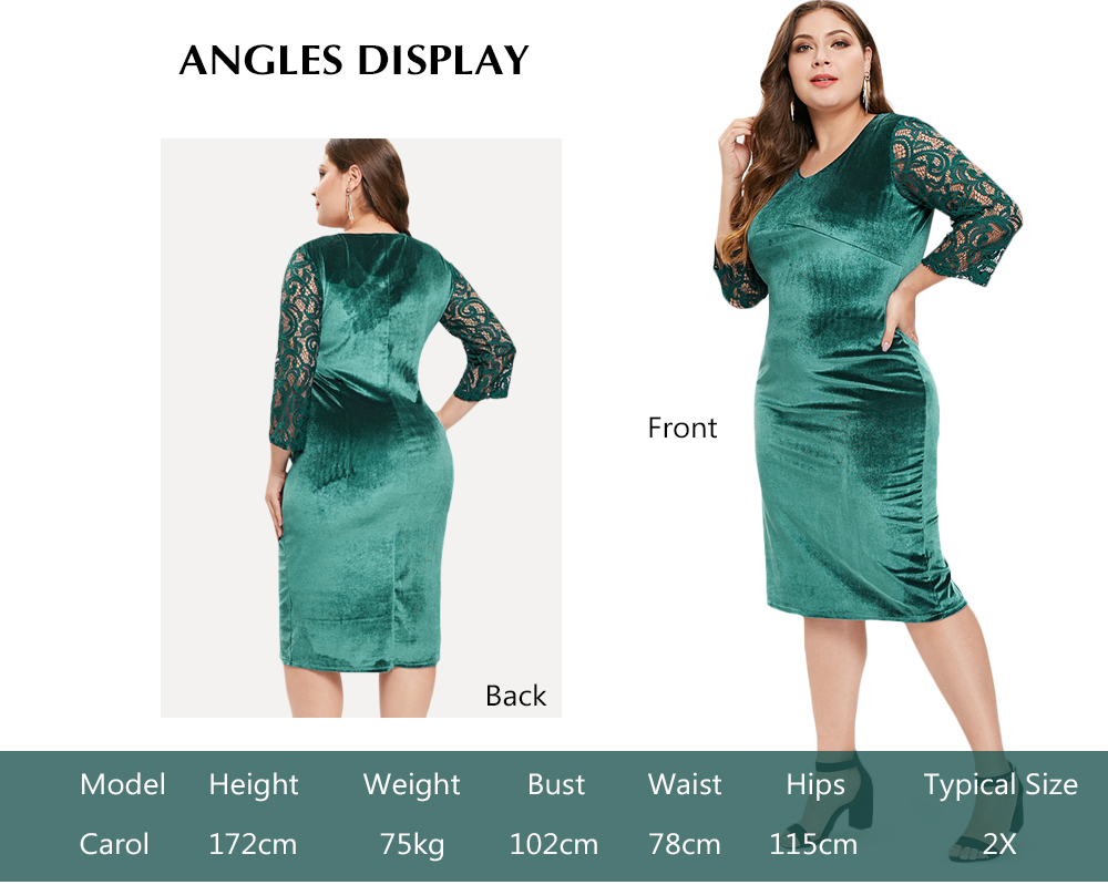 Lace Sleeve Plus Size Knee Length Velvet Dress