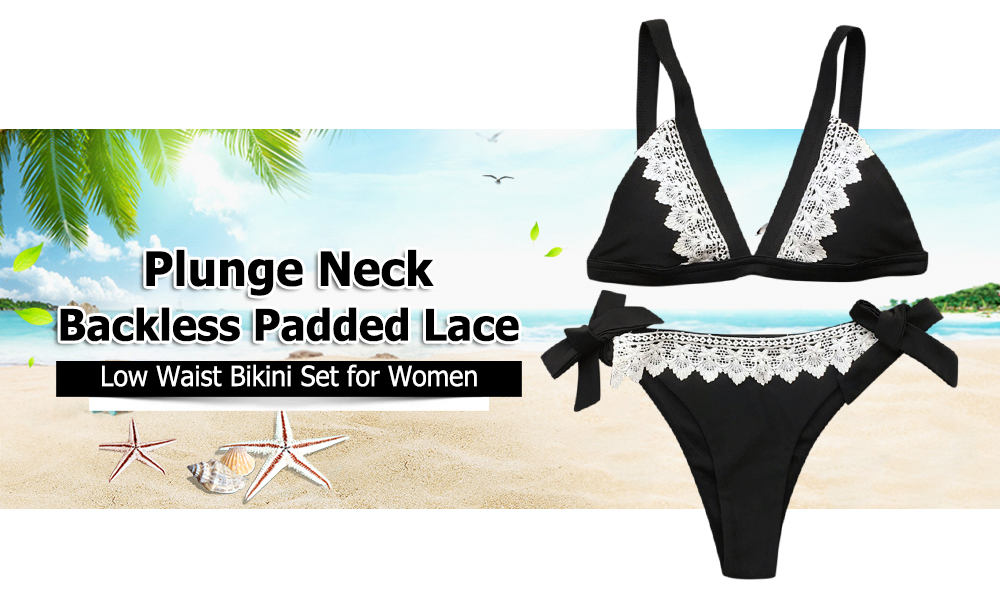 Plunge Neck Backless Padded Spliced Lace Bowknot Low Waist Women Bikini Set