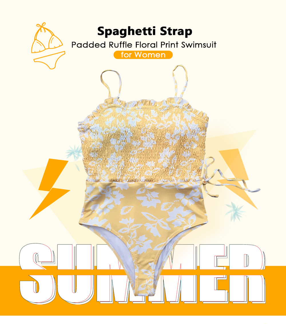Spaghetti Strap Padded Ruffle Floral Print Shirring Women Swimsuit