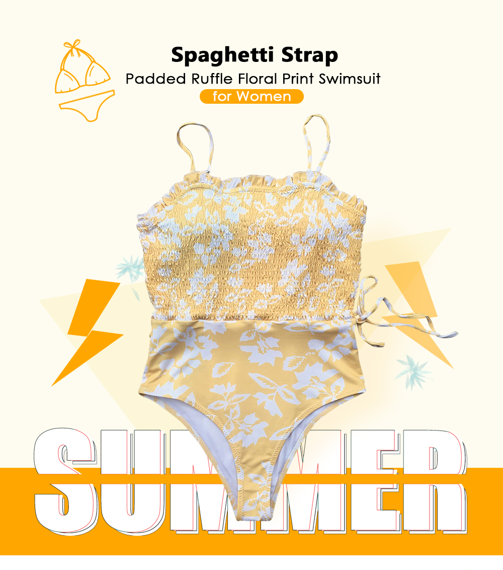 Spaghetti Strap Padded Ruffle Floral Print Shirring Women Swimsuit