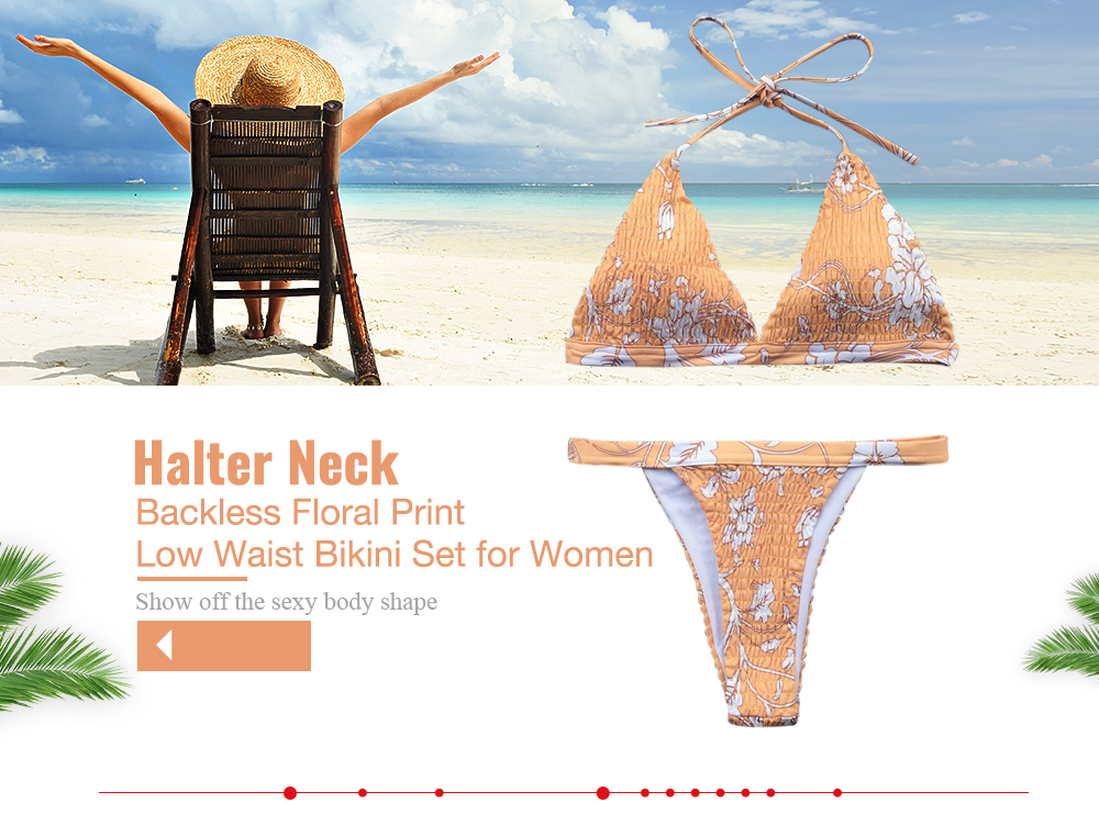 Halter Neck Backless Padded Floral Print Shirring Low Waist Women Bikini Set