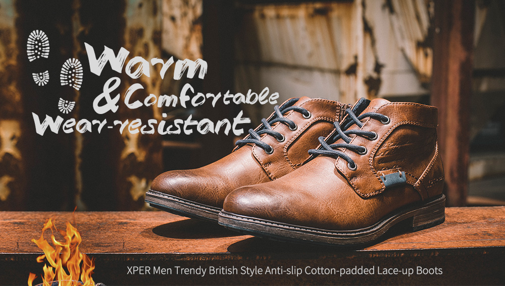 XPER Trendy British Style Anti-slip Cotton-padded Lace-up Boots for Men
