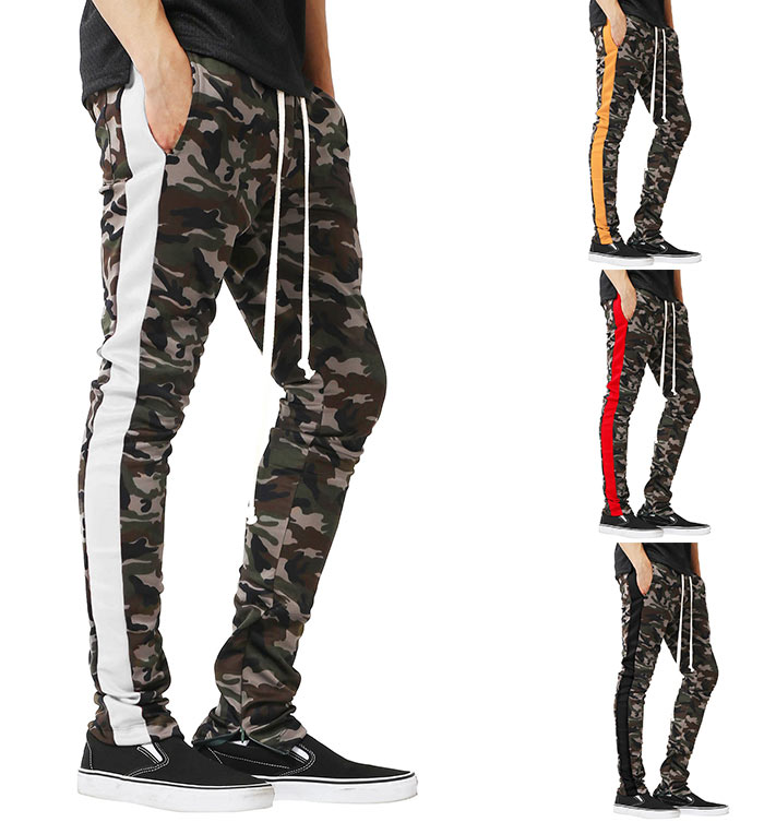 Side Stripe Hem Zipper Camo Drawstring Track Pants