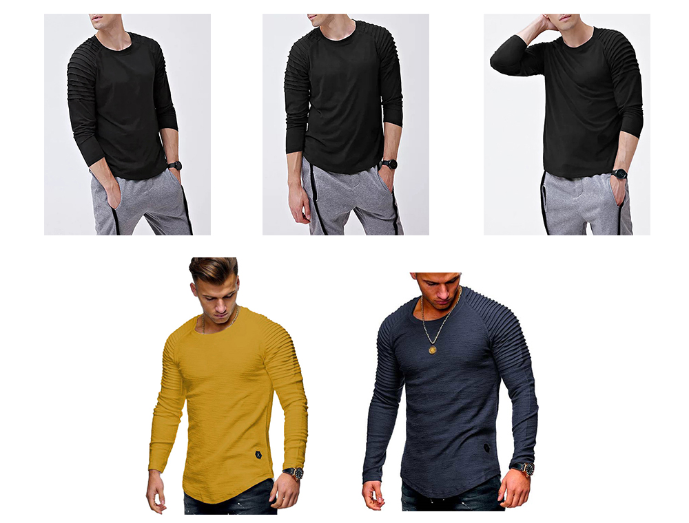 Solid Color Sleeve Pleated Patch Detail Long Sleeve T-shirt