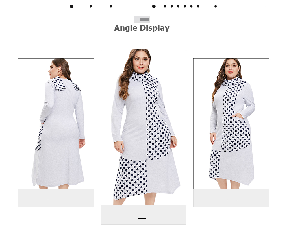 Polka Dot Panel Plus Size Long Sleeve Dress with Scarf