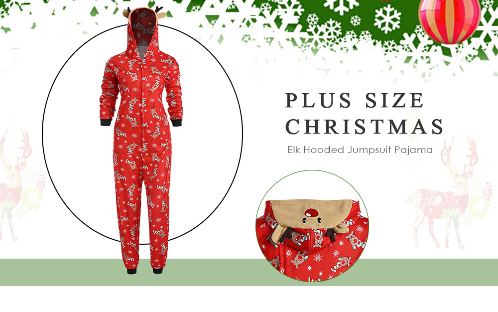 Plus Size Christmas Elk Hooded Jumpsuit Pajama
