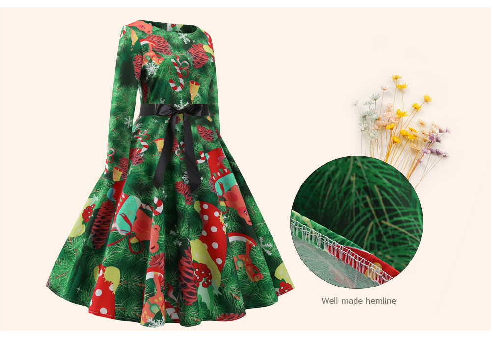 Hepburn Vintage Series Women Dress Spring And Winter Round Neck Christmas Printing Stitching Design Long Sleeve Belt Corset Retro Dress