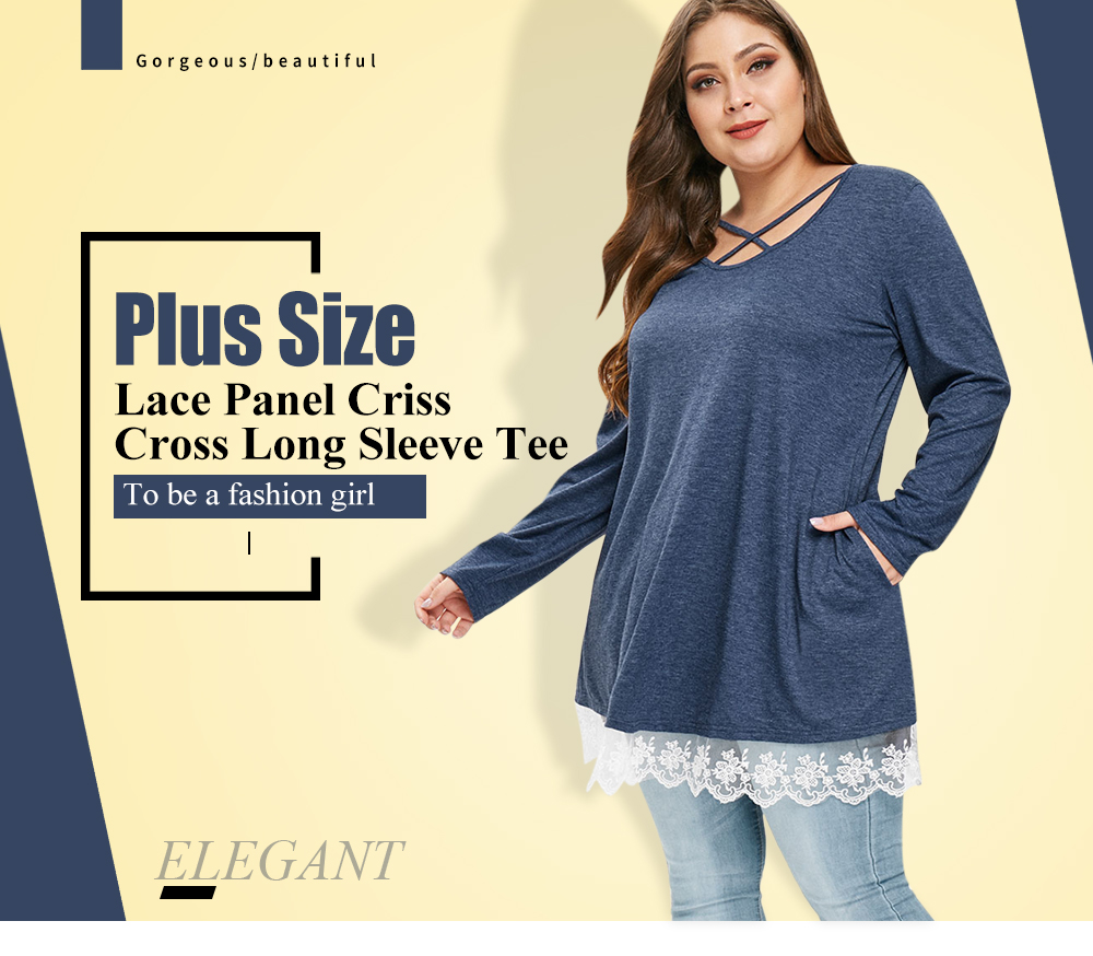 Plus Size Lace Panel Criss Cross Long Sleeves Tee