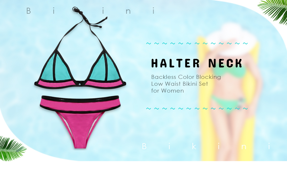 Halter Neck Backless Padded Color Blocking Low Waist Swimsuit Women Bikini Set