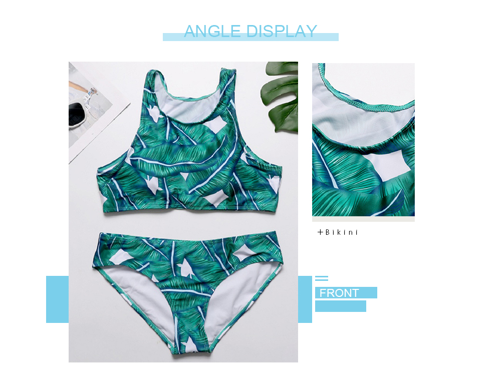 Round Collar Sleeveless Padded Leaf Print Low Waist Women Bikini Set