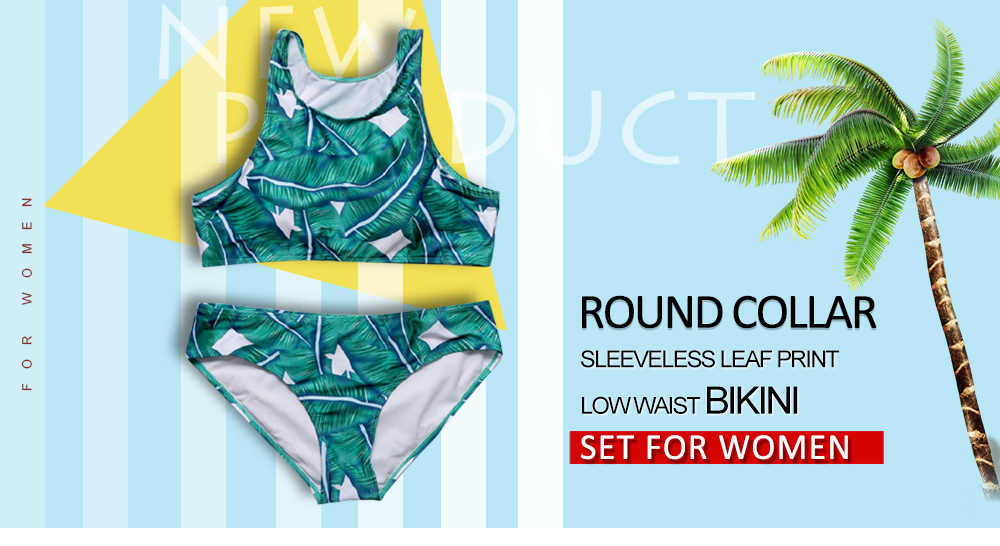 Round Collar Sleeveless Padded Leaf Print Low Waist Women Bikini Set