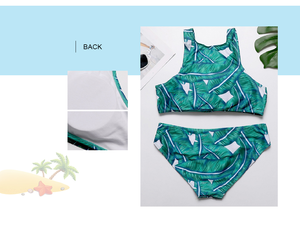 Round Collar Sleeveless Padded Leaf Print Low Waist Women Bikini Set
