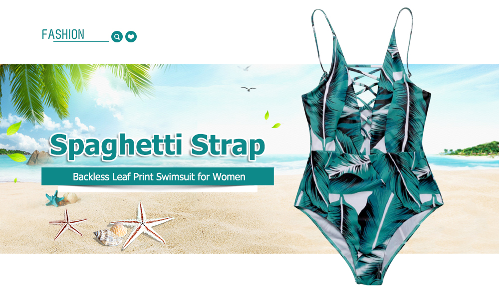 Spaghetti Strap Criss-cross Padded Backless Leaf Print Women Swimsuit