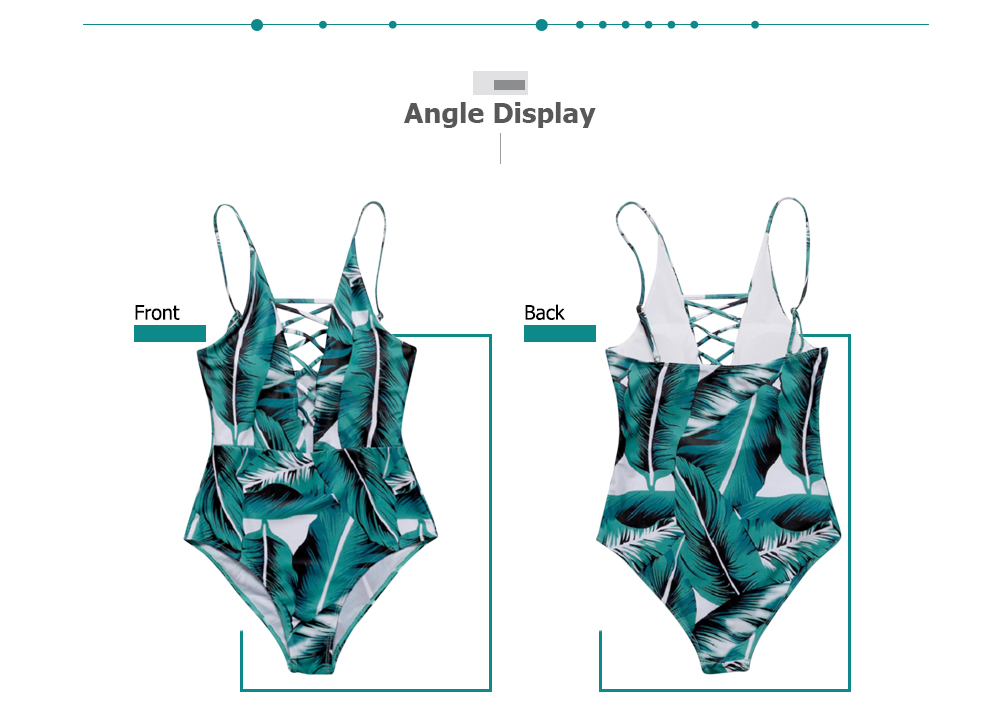 Spaghetti Strap Criss-cross Padded Backless Leaf Print Women Swimsuit