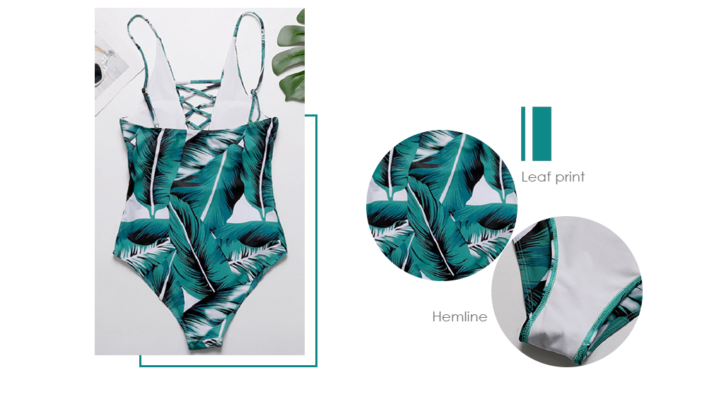 Spaghetti Strap Criss-cross Padded Backless Leaf Print Women Swimsuit