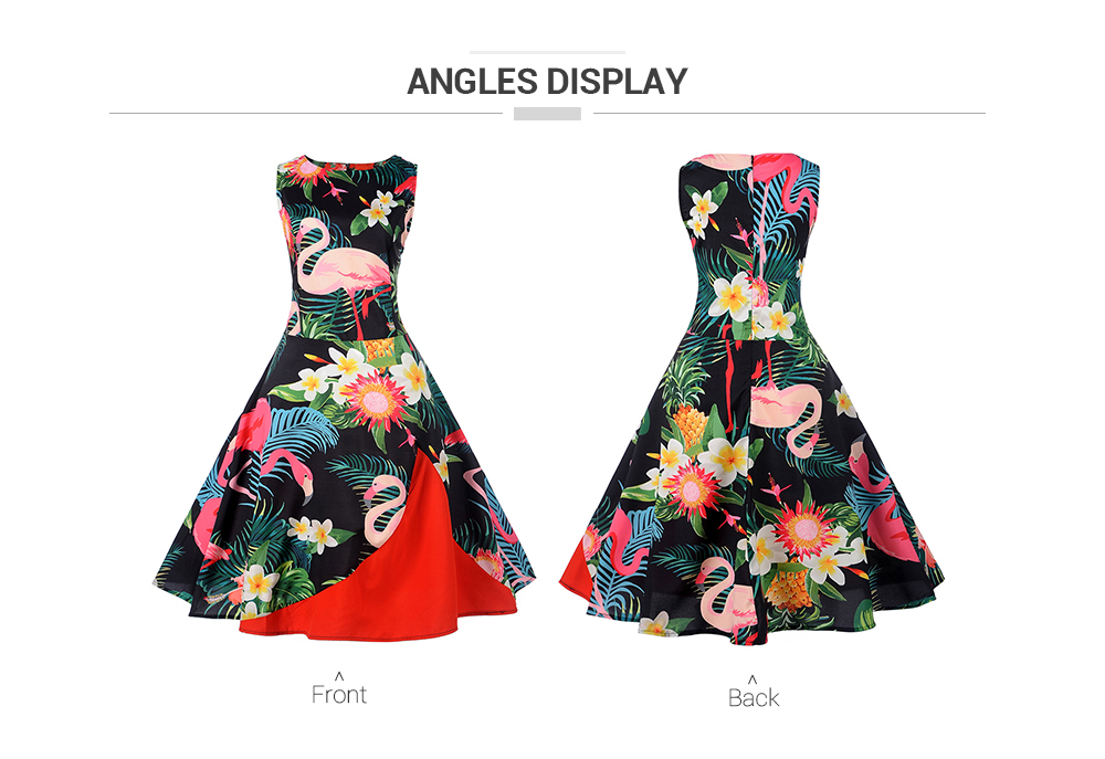 Vintage Tropical Print Knee Length Swing Dress