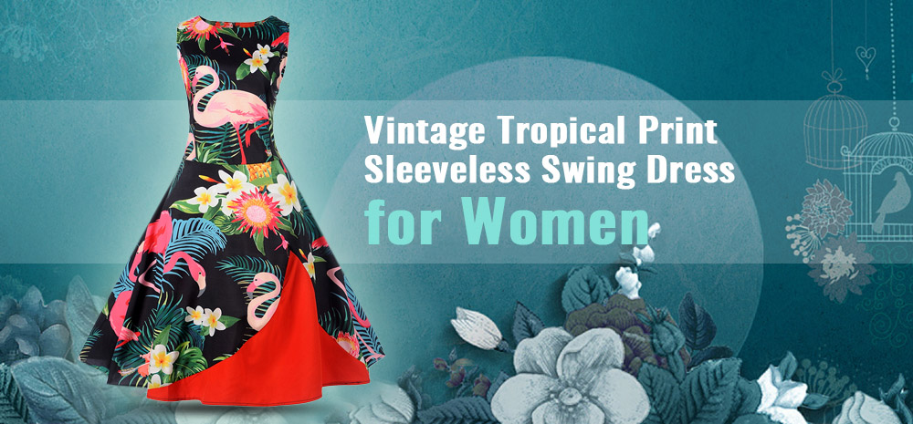 Vintage Tropical Print Knee Length Swing Dress
