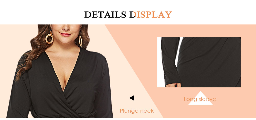 Plunge Neck Long Sleeve Solid Color High-low Plus Size Women Dress