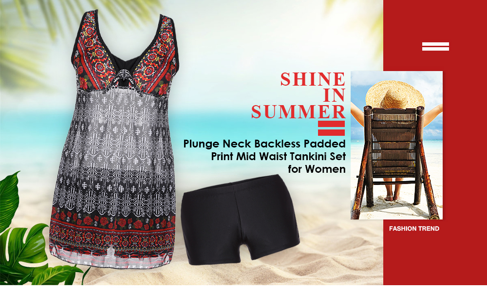 Plunge Neck Backless Padded Floral Ethnic Print Mid Waist Women Tankini Set