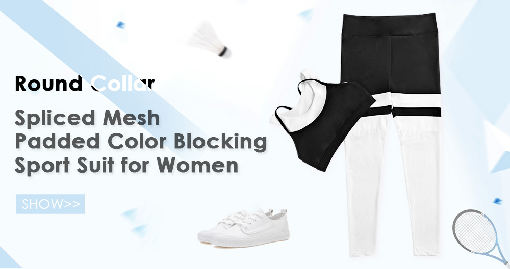 Round Collar Sleeveless Spliced Mesh Padded Color Blocking Women Sport Suit