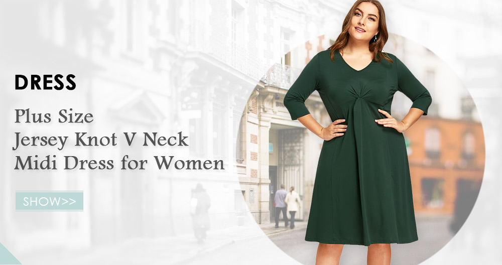 Jersey Knot Plus Size V Neck Midi Dress