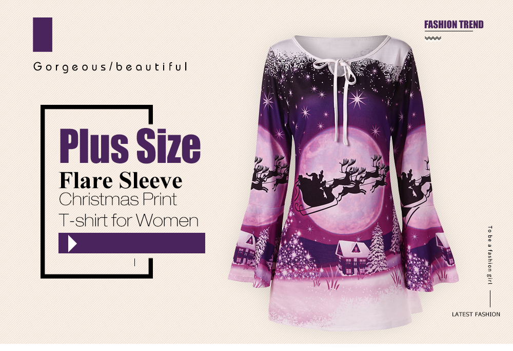Plus Size Flare Sleeve Christmas Print T-shirt