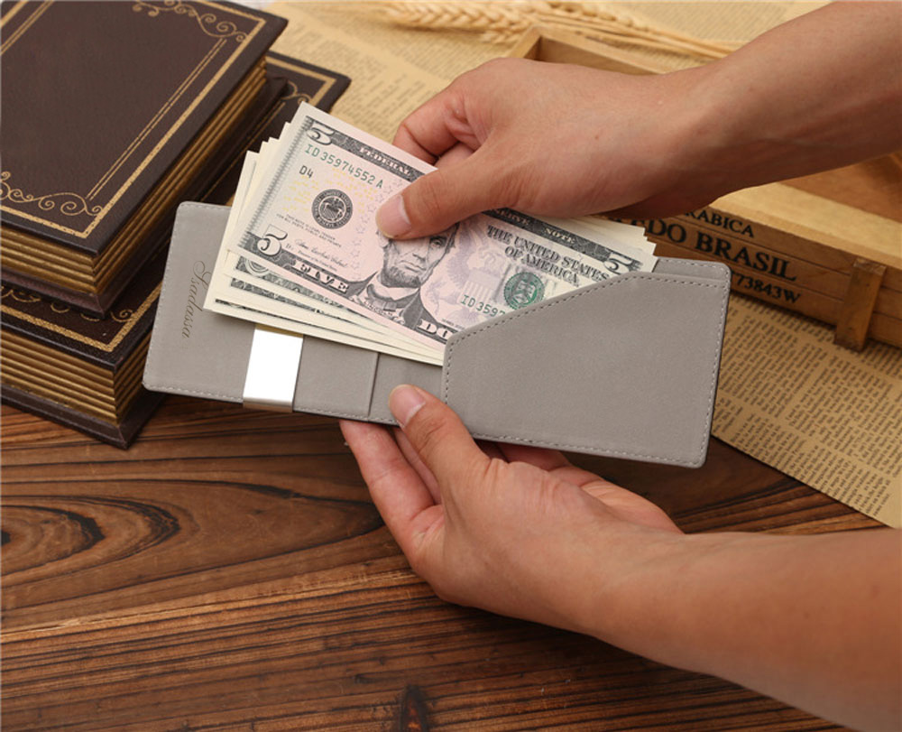 Unisex Open Horizontal PU Leather Short Hard Money Clip
