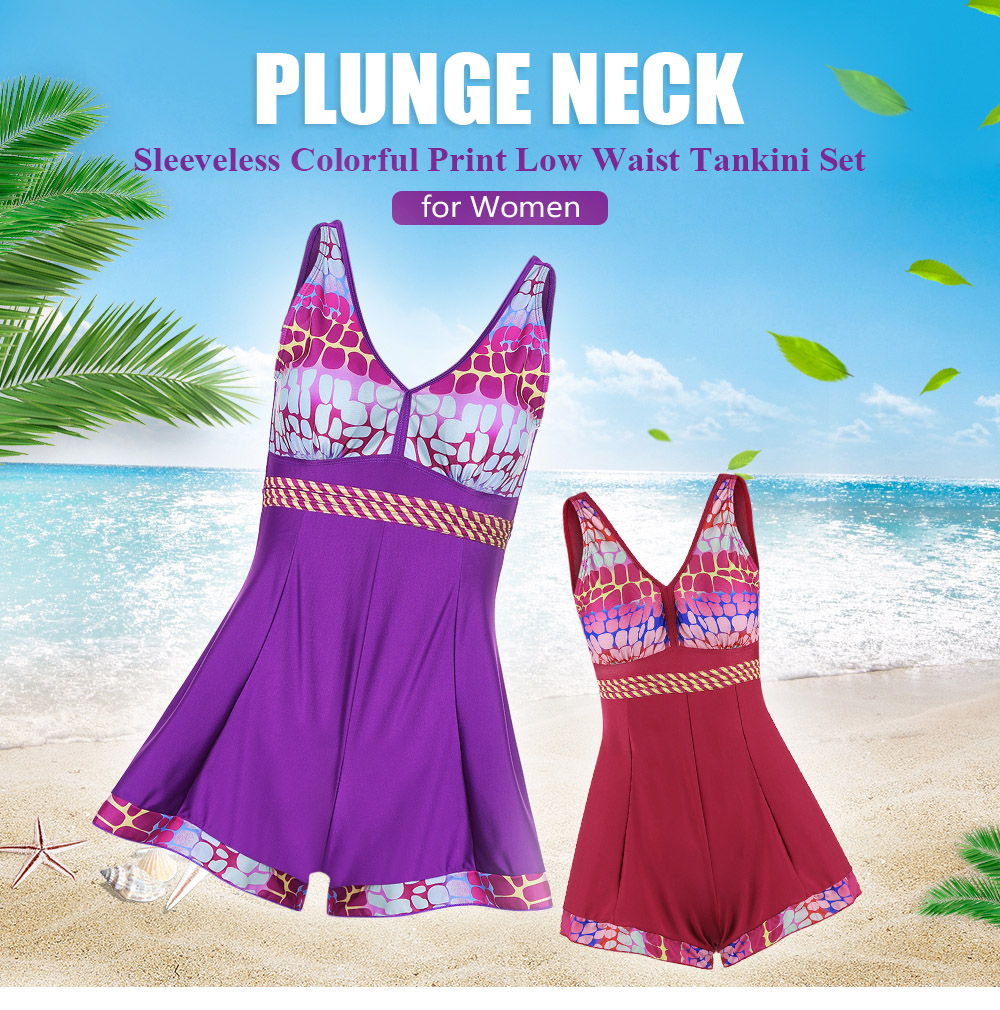 Plunge Neck Sleeveless Padded Spliced Colorful Print Low Waist Women Tankini Set